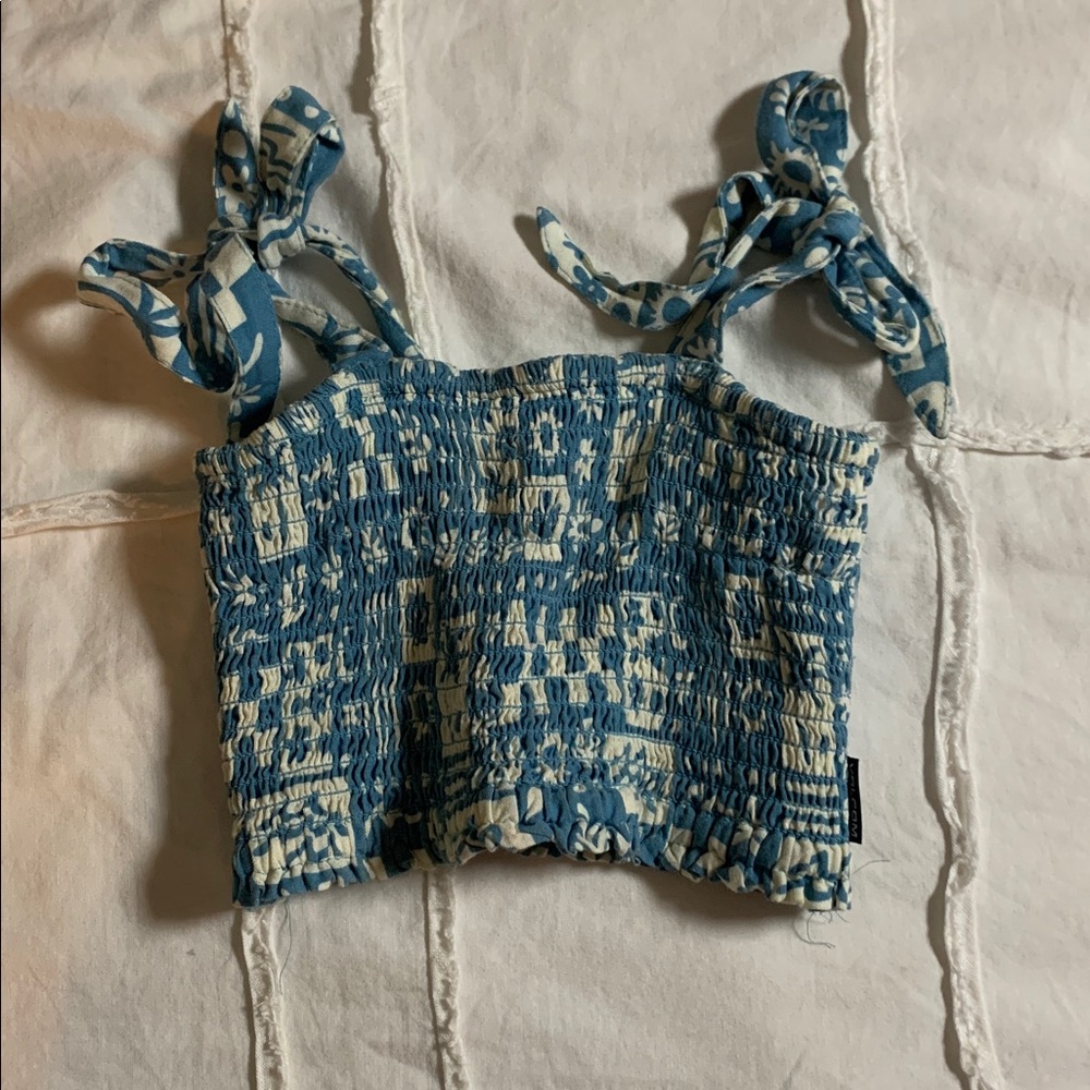 Volcom Blue and Cream Smocked Crop Top